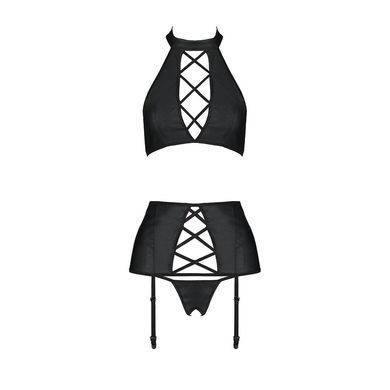 Комплект з еко-шкіри імітація шнурівки Passion NANCY SET XXL/XXXL black топ трусики пояс для панчіх SO5375 фото