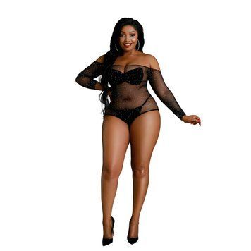 Сетчатое боди со стразами Moonlight Plus Model 09 XL-XXXL Black, открытые плечи SO8200 фото