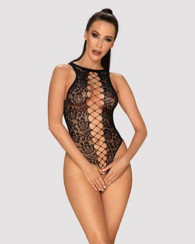 Ажурный бодистокинг с эффектом шнуровки Obsessive B129 teddy black XL/XXL, черный, с доступом SO7214 фото