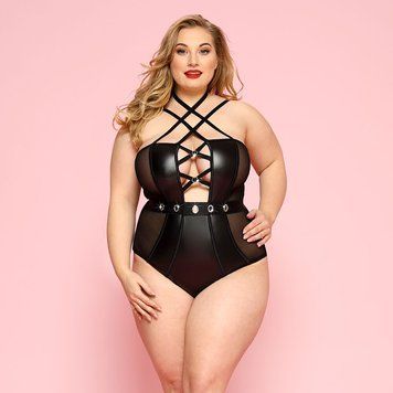 Сексуальное боди JSY &laquo;Страстная Лорейн&raquo; Plus Size Black, люверсы, стрепы, экокожа, шнуровка SO8378 фото