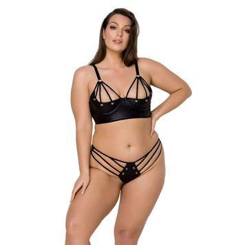 Комплект из экокожи Passion MALWIA BIKINI 4XL/5XL black, с люверсами и ремешками, бра, трусики SO7096 фото