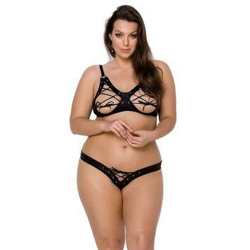 Комплект из экокожи Passion CELINE BIKINI 6XL/7XL black, открытый бра, стринги со шнуровкой SO7058 фото
