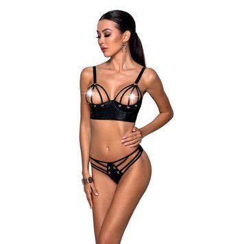 Комплект з екошкіри з люверсами та ремінцями Passion MALWIA BIKINI XXL/XXXL, black, бра та трусики SO5764 фото