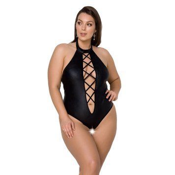 Боди из экокожи Passion NANCY BODY 4XL/5XL black, с имитацией шнуровки и открытым доступом SO7104 фото